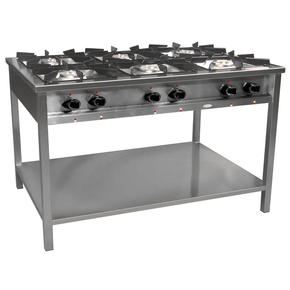 Gastronomický plynový sporák 6 horákov, 1330x900x850 mm s policou, 1x3,5+2x5+2x7+1x9 kW | EGAZ, TG-637.III