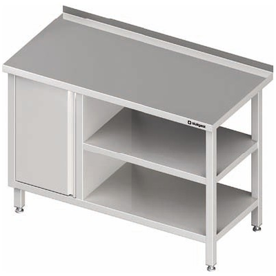 Nerezový pracovní stůl se skříňkou na levé straně a s dvěmi policemi 1000x600x850 mm, přístěnný | STALGAST, 980526100