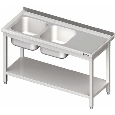 Nerezový umývací stôl s dvojkomorovým drezom na ľavej strane a s policou 1600x600x850 mm | STALGAST, 980846160
