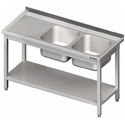 Nerezový umývací stôl s dvojkomorovým drezom na pravej strane a s policou 1100x600x850 mm | STALGAST, 980826110