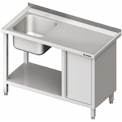 Nerezový umývací stôl s jednokomorovým drezom na ľavej strane so skrinkou a s policou 1300x600x850 mm | STALGAST, 980986130