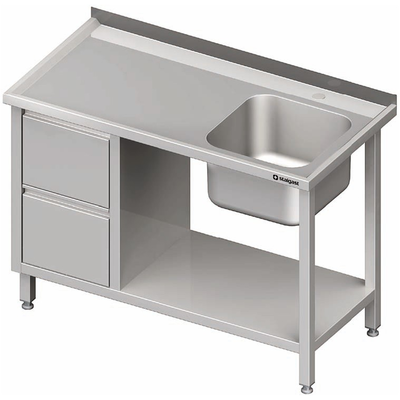 Nerezový umývací stôl s jednokomorovým drezom na pravej strane, blok s dvoma zásuvkami a s policou 1000x600x850 mm | STALGAST, 980996100
