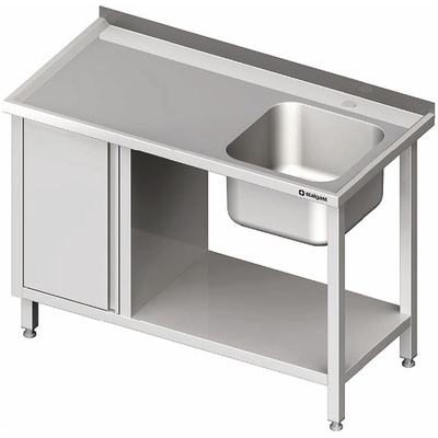 Nerezový umývací stôl s jednokomorovým drezom na pravej strane so skrinkou a s policou 1300x600x850 mm | STALGAST, 980976130