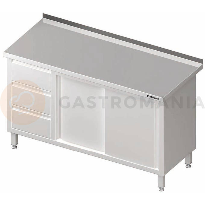 Nerezový pracovní stůl s blokem tří zásuvek na levé straně a se skříňkou s posuvnými dveřmi 1200x600x850 mm, přístěnný | STALGAST, 980466120