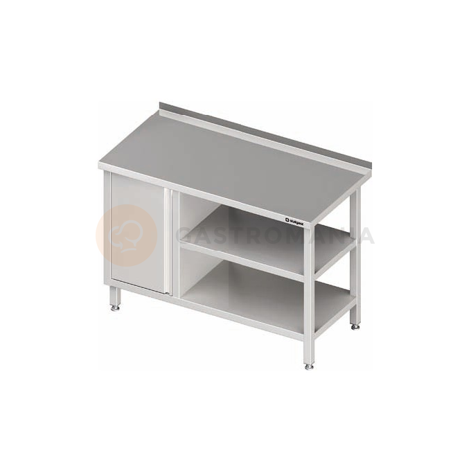 Nerezový pracovní stůl se skříňkou na levé straně a s dvěmi policemi 1000x600x850 mm, přístěnný | STALGAST, 980526100