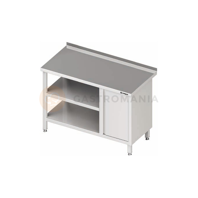 Nerezový pracovní stůl se skříňkou na pravé straně a s dvěmi policemi 1000x600x850 mm, přístěnný | STALGAST, 980536100