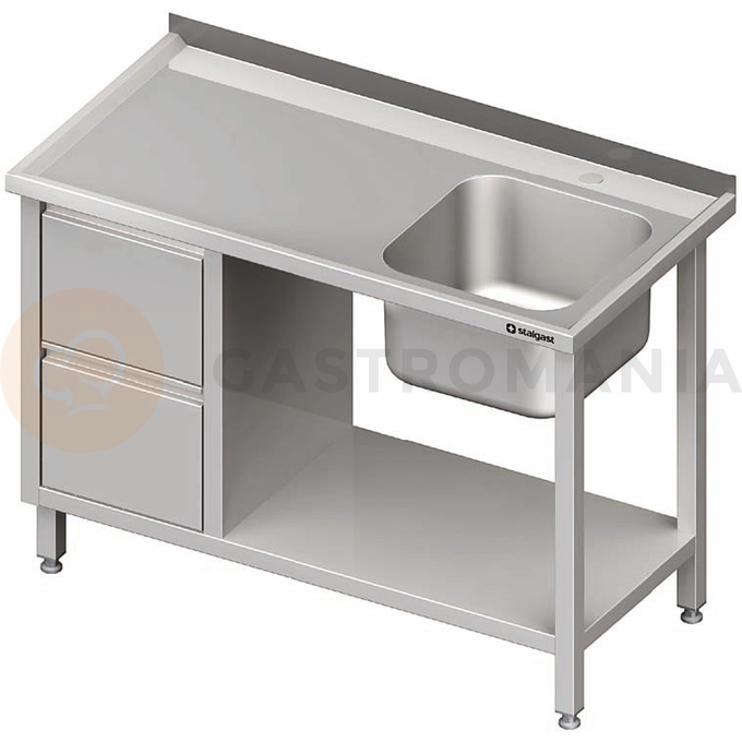 Nerezový umývací stôl s jednokomorovým drezom na pravej strane, blok s dvoma zásuvkami a s policou 1900x700x850 mm | STALGAST, 980997190