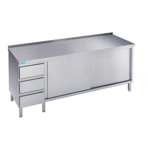 Pracovný stôl 1400x600x900 mm s 2 policami, blokom 3 zásuviek, 2 posuvnými dverami a pracovnou doskou so zadným lemom | RILLING, ASS 0614C S3L0