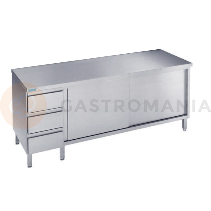 Pracovný stôl 1400x600x900 mm s 2 policami, blokom 3 zásuviek, 2 posuvnými dverami a pracovnou doskou bez zadného lemu | RILLING, ASS 0614A S3L0