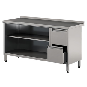 Nerezový prístenný stôl s 3 zásuvkami a otvorenou skrinkou, bez dvere 2000x700x850 mm | ASBER, WM-207-PL-2DR-2S