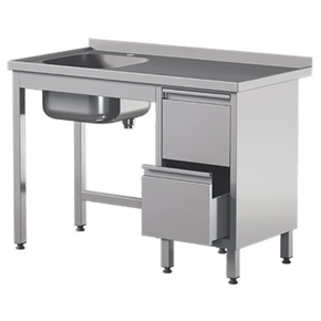 Prístenný nerezový stôl s drezom a dvoma zásuvkami 1400x600x850 mm | ASBER, STW-146/1-PL-L-2DR-B