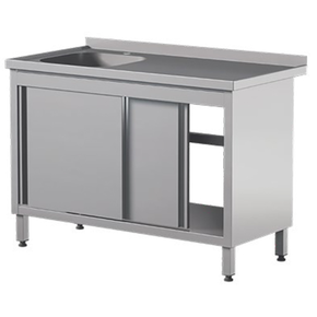 Prístenný nerezový stôl s drezom a skrinkou, posuvné dvere  800x600x850 mm | ASBER, STW-86/1-PL-L-2SD