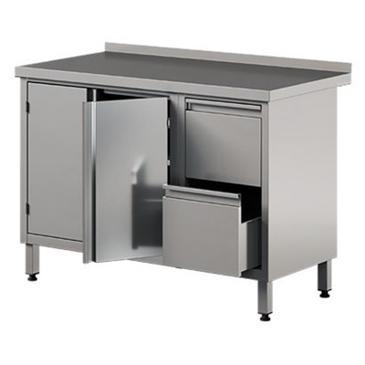Nerezový prístenný stôl s 2 policami a skrinkou, krídlové dvere 1500x700x850 mm | ASBER, WM-157-PL-2HD-2DR