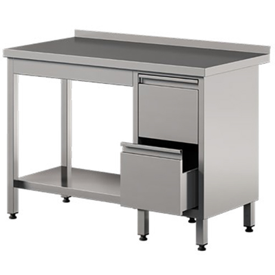 Nerezový prístenný stôl s 2 zásuvkami a policou 2000x700x850 mm | ASBER, WT-207-PL-2DR-S