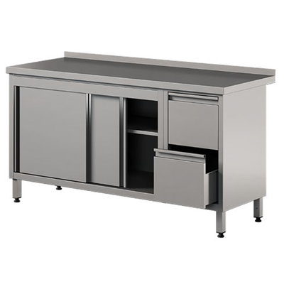Nerezový prístenný stôl s 2 zásuvkami a skrinkou, posuvné dvere 1200x600x850 mm | ASBER, WM-126-PL-2SD-2DR