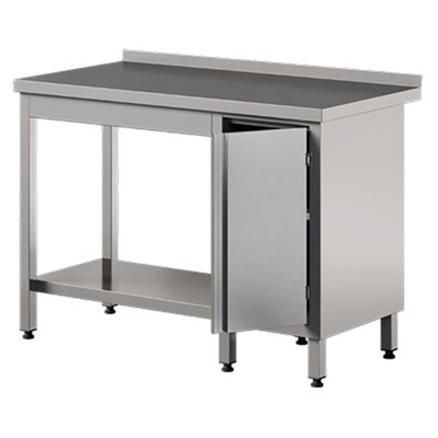 Nerezový prístenný stôl s policou a skrinkou, krídlové dvere 1400x700x850 mm | ASBER, WT-147-PL-HD-S