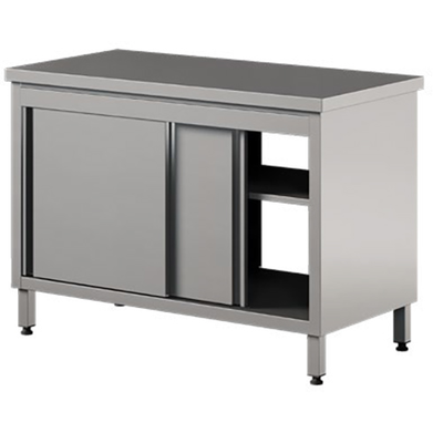 Nerezový prístenný stôl s priechodnou skrinkou, posuvné dvere 1500x700x850 mm | ASBER, WM-157-PL-4SD