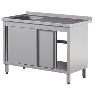 Prístenný nerezový stôl s drezom a skrinkou, posuvné dvere  1100x600x850 mm | ASBER, STW-116/1-PL-L-2SD