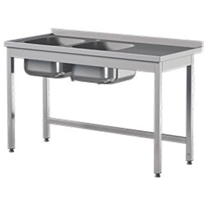 Prístenný nerezový stôl s dvojkomorovým drezom 1400x600x850 mm | ASBER, STW-146/2-PL-L-B