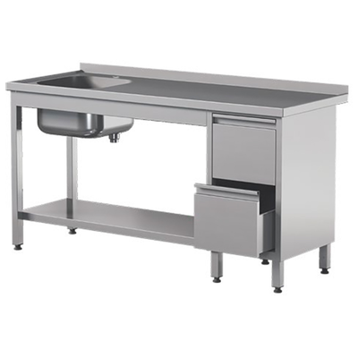 Prístenný nerezový stôl s poličkou, drezom a dvoma zásuvkami 1400x600x850 mm | ASBER, STW-146/1-PL-L-2DR-S