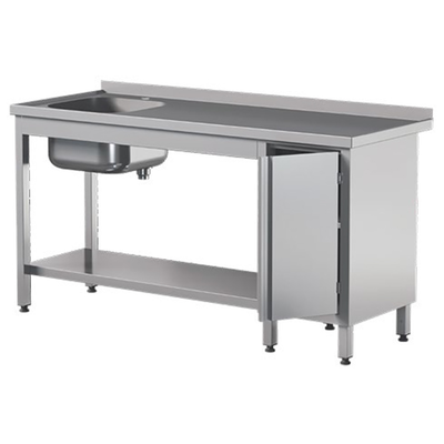 Prístenný nerezový stôl s poličkou, drezom a skrinkou, s krídlovými dvierkami 1200x600x850 mm | ASBER, STW-126/1-PL-L-HD-S