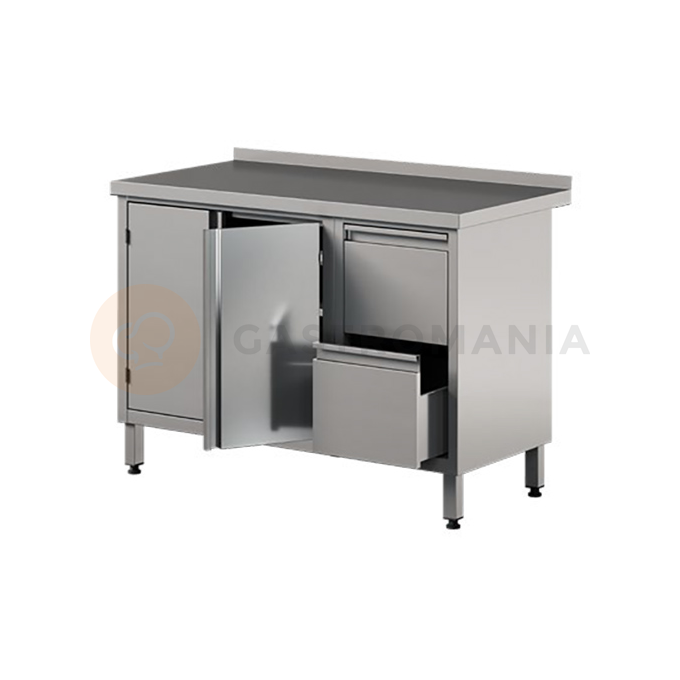 Nerezový prístenný stôl s 2 policami a skrinkou, krídlové dvere 1500x700x850 mm | ASBER, WM-157-PL-2HD-2DR