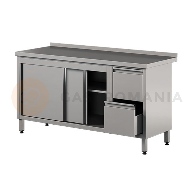 Nerezový prístenný stôl s 2 zásuvkami a skrinkou, posuvné dvere 1400x600x850 mm | ASBER, WM-146-PL-2SD-2DR