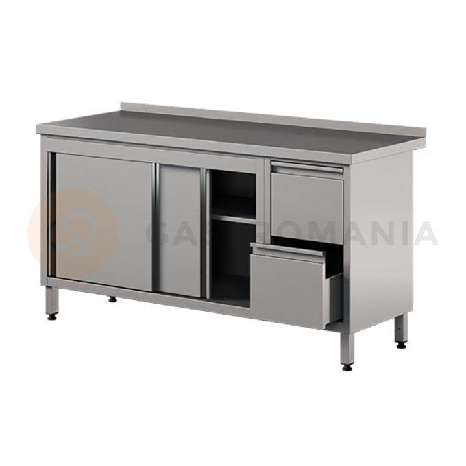 Nerezový prístenný stôl s 2 zásuvkami a skrinkou, posuvné dvere 1400x700x850 mm | ASBER, WM-147-PL-2SD-2DR