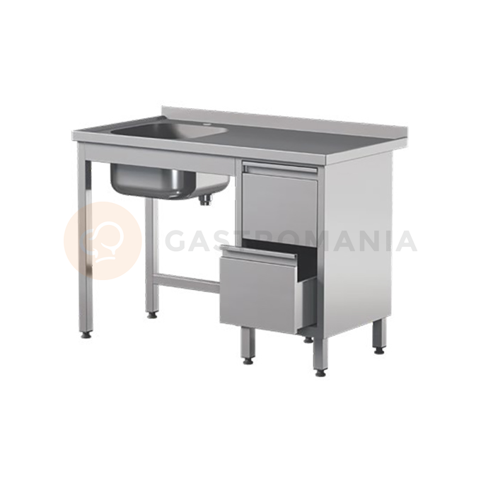 Prístenný nerezový stôl s drezom a dvoma zásuvkami 1200x700x850 mm | ASBER, STW-127/1-PL-L-2DR-B