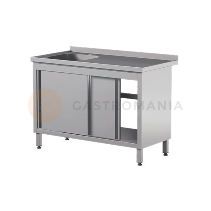 Prístenný nerezový stôl s drezom a skrinkou, posuvné dvere  1000x600x850 mm | ASBER, STW-106/1-PL-L-2SD