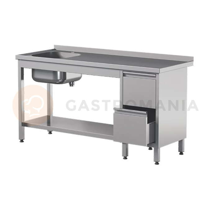 Prístenný nerezový stôl s poličkou, drezom a dvoma zásuvkami 1000x600x850 mm | ASBER, STW-106/1-PL-L-2DR-S