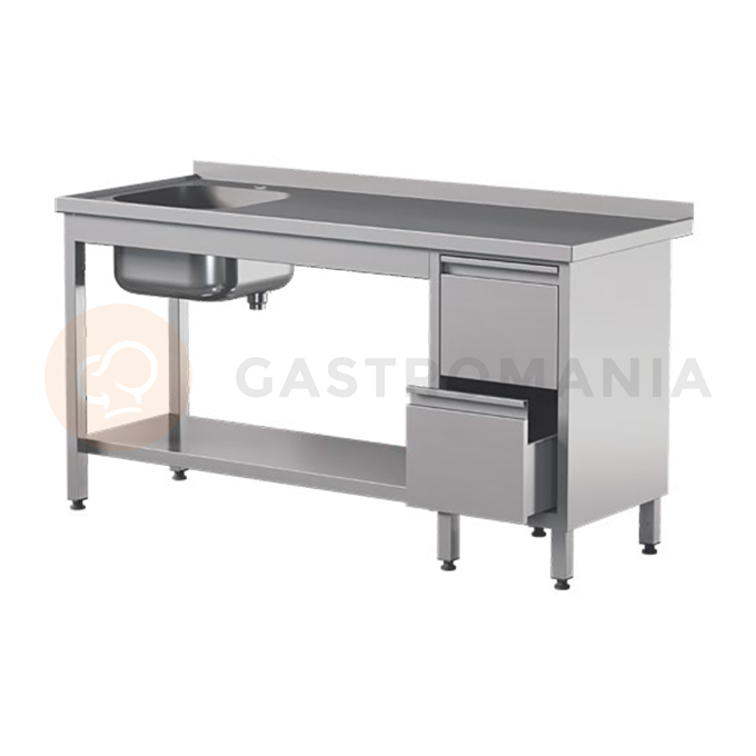 Prístenný nerezový stôl s poličkou, drezom a dvoma zásuvkami 1000x700x850 mm | ASBER, STW-107/1-PL-L-2DR-S
