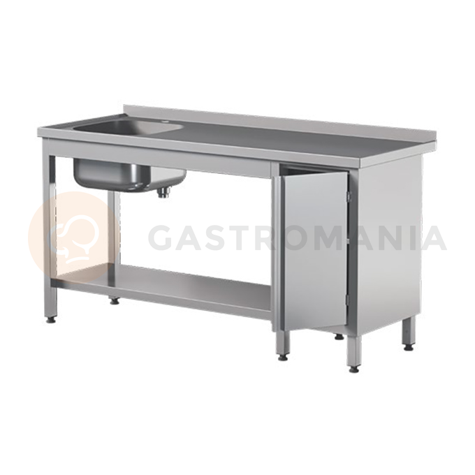 Prístenný nerezový stôl s poličkou, drezom a skrinkou, s krídlovými dvierkami 1000x600x850 mm | ASBER, STW-106/1-PL-L-HD-S