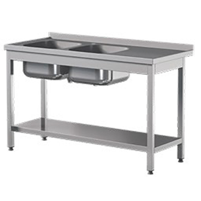 Prístenný nerezový stôl s poličkou a dvojkomorovým drezom 2300x700x850 mm | ASBER, STW-237/2-PL-L-S