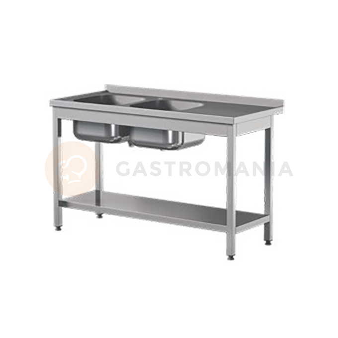 Prístenný nerezový stôl s poličkou a dvojkomorovým drezom 2000x700x850 mm | ASBER, STW-207/2-PL-L-S