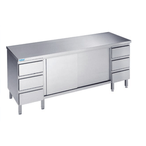Pracovný stôl 1800x700x900 mm, 2 police, blok so 3 zásuvkami, 2 posuvné dvere a pracovná doska bez zadného lemu  | RILLING, ASS 0718A S3B0