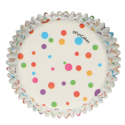 Košíčky na cupcake, priemer 5 cm, 48 ks biele s farebnými bodkami | FUNCAKES, F84230