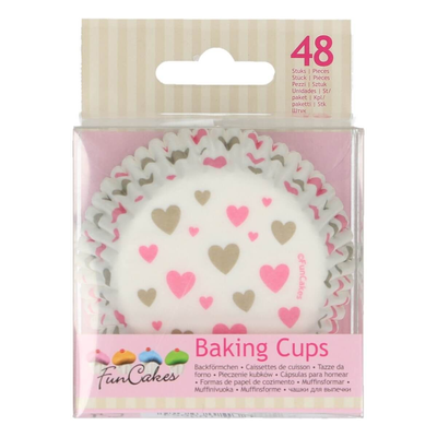 Košíčky na cupcake, priemer 5 cm, 48 ks biele so srdiečkami | FUNCAKES, FC4201