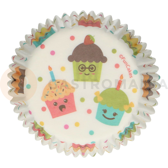 Košíčky na cupcake, priemer 5 cm, 48 ks biele s farebnými tortičkami | FUNCAKES, FC4014