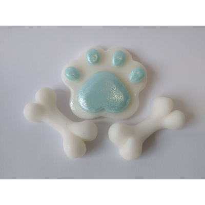 Psie labky a kosti, bielo-modré, figúrky z cukru 4,5 cm, sada 3 labky a 5 kostí | MAGMART, LP01