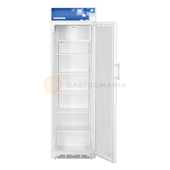 Chladiaca výstavná vitrína s dynamickým chladením, so sklenenými dverami a reklamnou plochou, 403 l, 600x687x2010 mm | LIEBHERR, FKDv 4213 Comfort