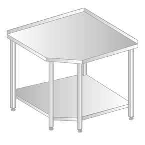 Stôl nástenný rohový z nerezovej ocele s policou, 968x968x700x700x379x850 mm | DORA METAL, DM-3105
