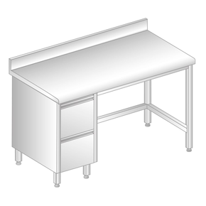 Stôl nástenný z nerezovej ocele s 2 šuplíkmi, zadnou lištou a odkvapovou lištou 1600x700x850 mm | DORA METAL, DM-S-3112