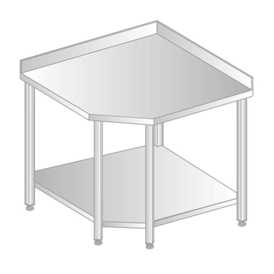 Stôl nástenný rohový z nerezovej ocele s policou so zadnou lištou a odkvapovou lištou, 868x868x600x600x379x850 mm | DORA METAL, DM-S-3105