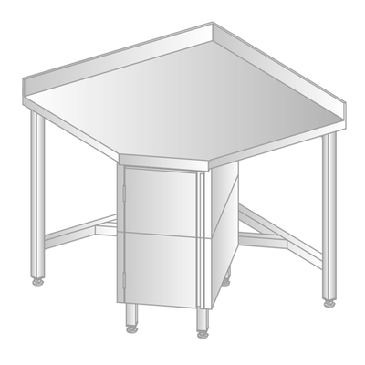 Stôl nástenný rohový z nerezovej ocele so skrinkou, zadní lištou a okapovou lištou, 868x868x600x600x379x850 mm | DORA METAL, DM-S-3110