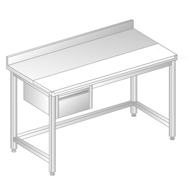 Stôl nástenný z nerezovej ocele s krájacou doskou, šuplíkom, so zadnou lištou a odkvapovou lištou 1000x700x850 mm | DORA METAL, DM-S-3106