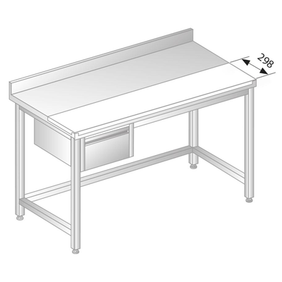 Stôl nástenný z nerezovej ocele s krájacou doskou, šuplíkom, so zadnou lištou a odkvapovou lištou 1000x700x850 mm | DORA METAL, DM-S-3106