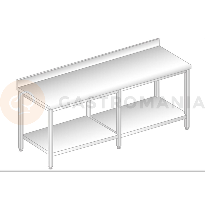 Stôl nástenný nerezový s policou, so zadnou lištou a odkvapovou lištou 2000x600x850 mm | DORA METAL, DM-S-3104