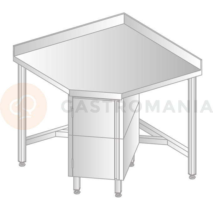 Stôl nástenný rohový z nerezovej ocele so skrinkou, zadní lištou a okapovou lištou, 868x868x600x600x379x850 mm | DORA METAL, DM-S-3110