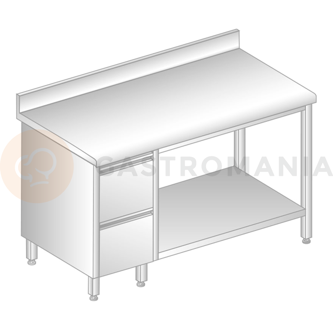 Stôl nástenný z nerezovej ocele s 2 šuplíkmi, poličkou, zadnou lištou a odkvapovou lištou 1200x700x850 mm | DORA METAL, DM-S-3114